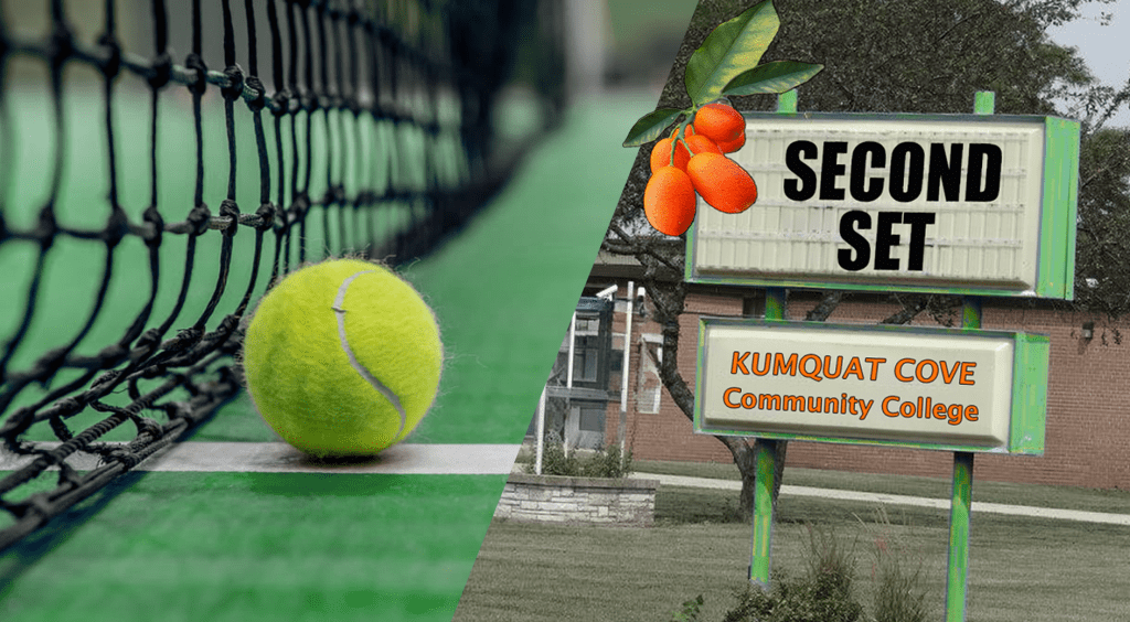 Tennis ball by net and a sign.